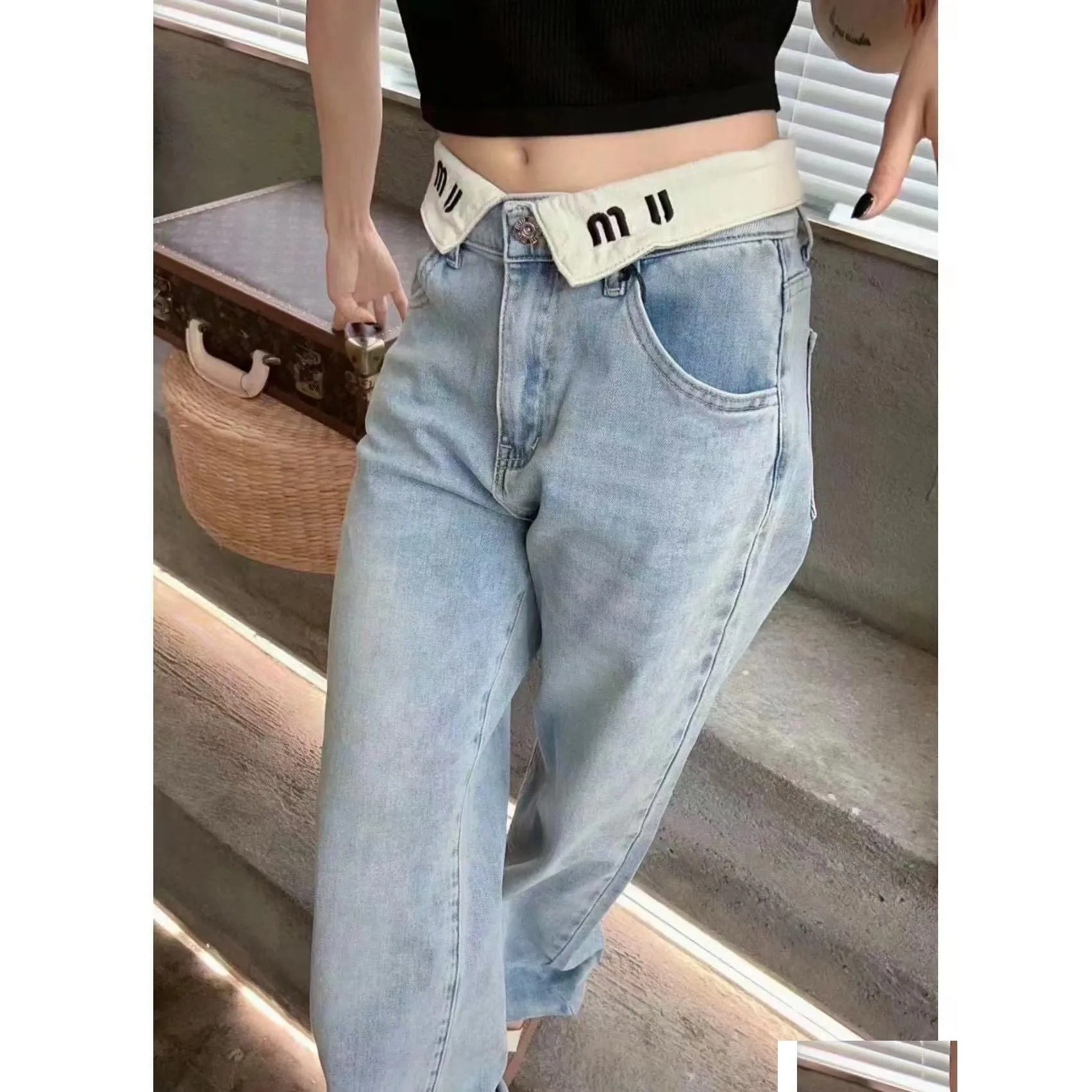 Damen -Jeans -Designer hoher taillierter dünn mit weißem Reversbuchstaben und gerade Länge Denimhose Drop -Lieferkleidung Clothin Otdez