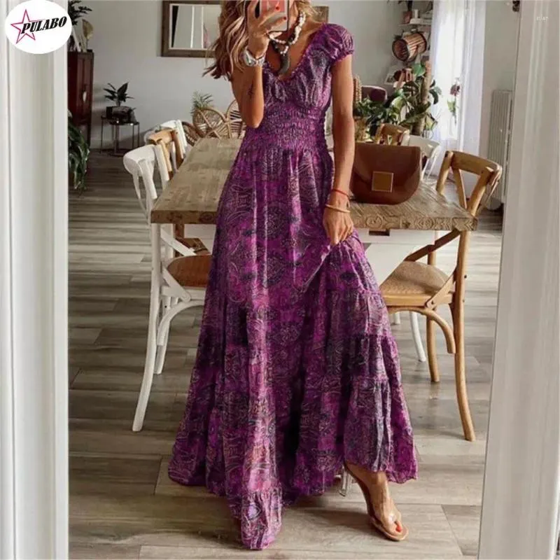 Casual Maxi Dress PULABO Y2k Summer Vintage Floral Print Hooded Short  Sleeve Mid-Calf Dress