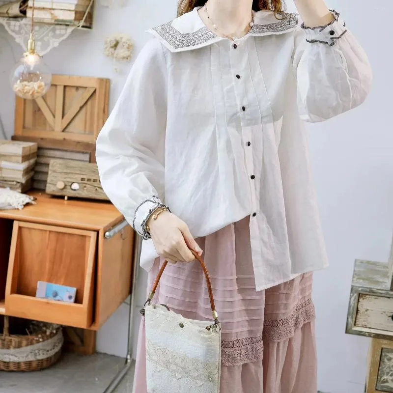 Women's Blouses 120cm Bust Spring Autumn Women All-match Japanese Style Loose Plus Size Embroidered Comfortable Cotton Linen Shirts/Blouses