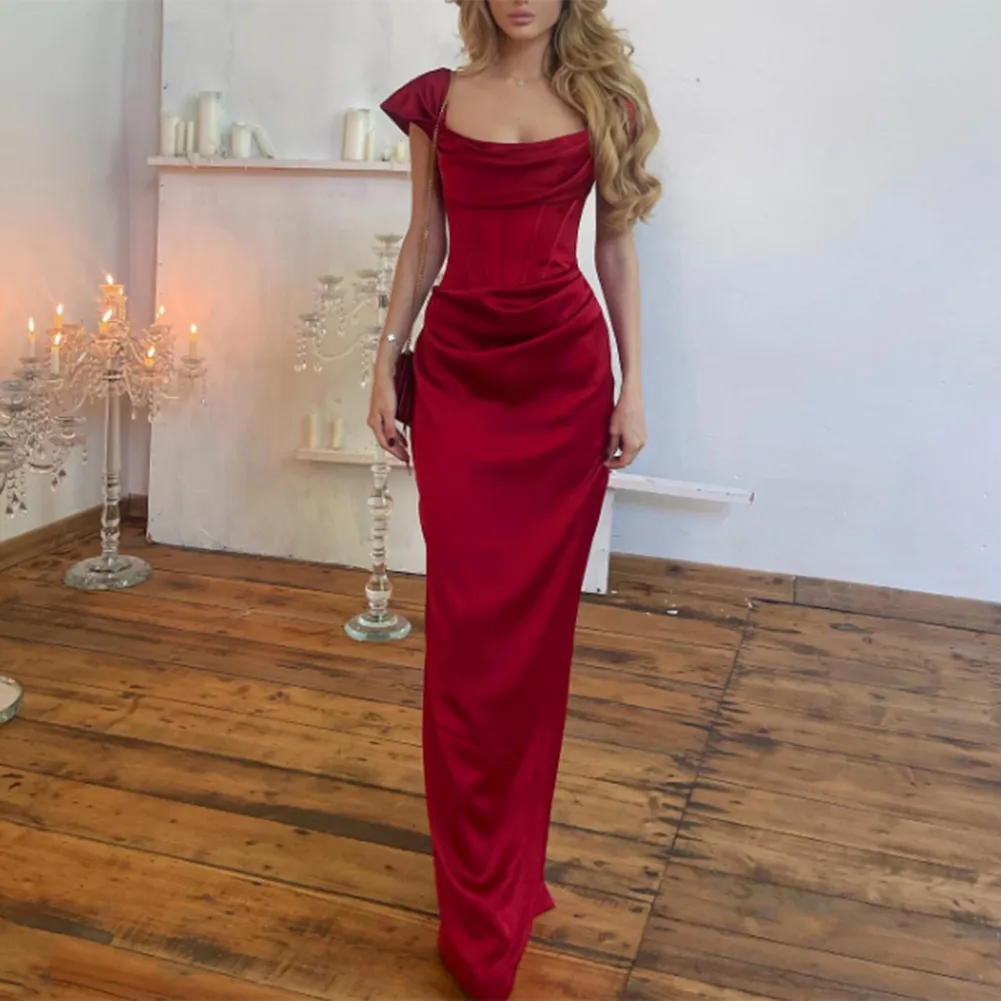 Cowl Neck Evening Dress Mermaid Long Bourgogne Satin Formal Party Prom Gown for Women