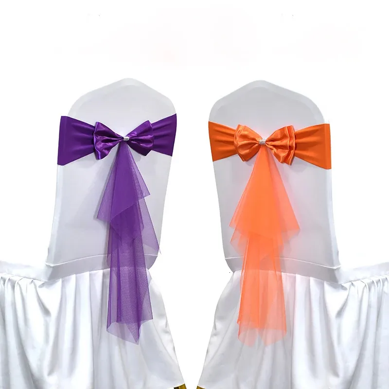 10pcs50pcs Ready Made Spandex Wedding Chair Sashes With Organza Tie Elastic Stretch Bow Party Event Band Decoration 240407