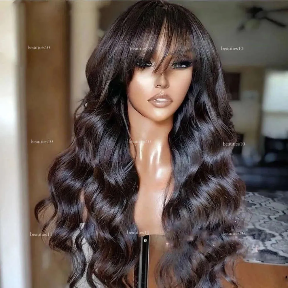 180 200 densité Brésilien Brésilien Wave Fringe Simulaiton Human Hair Wig With Bangs Aucune Full Lace Front Wigs S