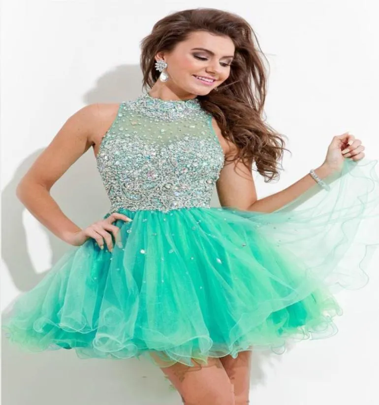 High Neck Mini Homecoming Dresses Short Aline Backless Beads Crystal Body Light Green Tulle Prom Dresses Cocktail Dresses Zahy6269833218