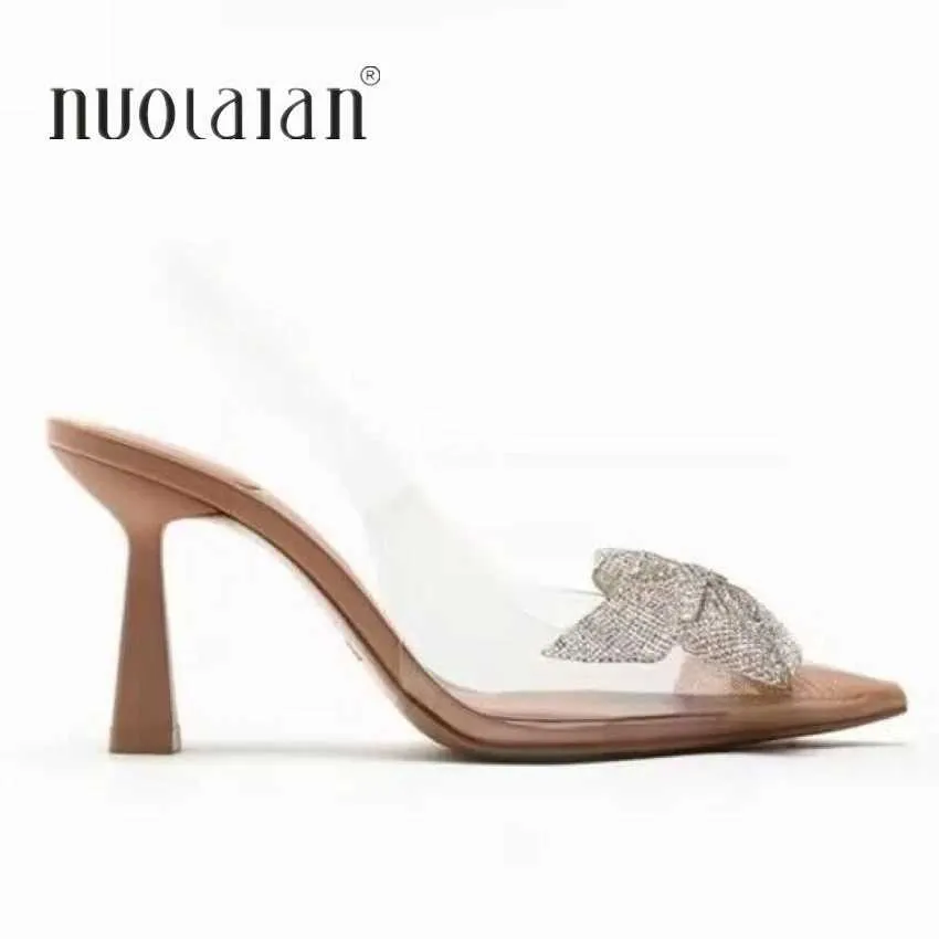 Slipare Transparent Womens High Heels 2024 Summer Dot Heel Sandals Fashion Bow Sling Pump Womens Slim High Heels J240416