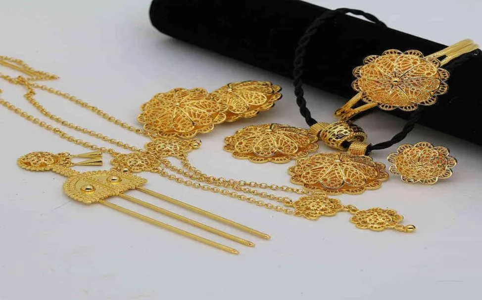 24K Gold Etiopiska smyckenuppsättningar för kvinnor Dubai Habesha smycken med hårnålens huvudkedja Afrikansk brudbröllop Presentkrage 211209336620