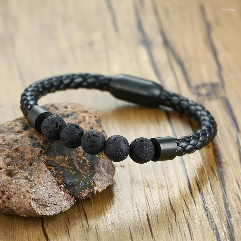 Braccialetti di fascino titanio in acciaio uomo chakra gioielli all'ingrosso inossidabile in pelle nera in pelle vulcanica Braclet pietra