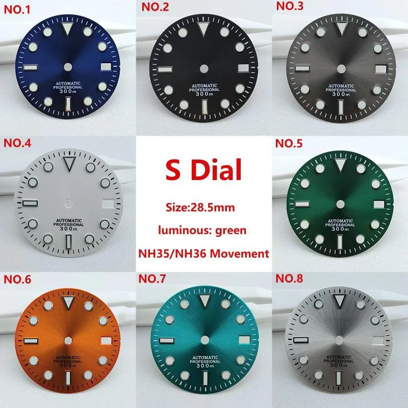 Bekijk reparatiekits 28,5 mm NH35 Dial s Groene lumineuze gezicht voor sub NH36 mechanische bewegingsaccessoires vervangen