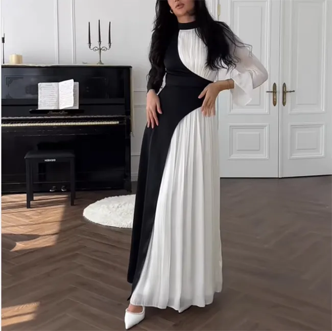 Long Sleeve Chiffon Muslim Evening Dress Long A Line Black Crepe Formal Party Prom Gown for Women