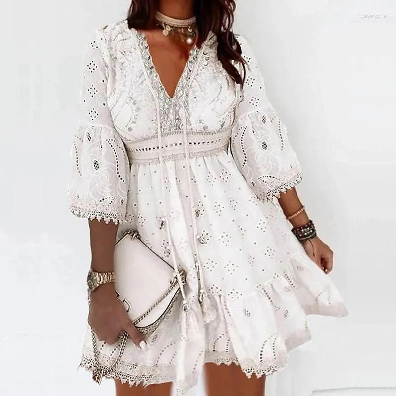 green emerald velvet dress Embroidery Lace Dress Women White Mini Dress V Neck Hollow Out Flare Sleeve  Short Sundress Party, White, XX-Large : Amazon.ca: Clothing, Shoes &  Accessories main image 0