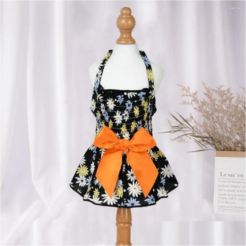 Dog Apparel Pet Halter Dress Comfortable Soft Eye-Catching Cotton Flower Print Bowknot Princess Costume Accessories Drop Delivery Ho Dhsvb