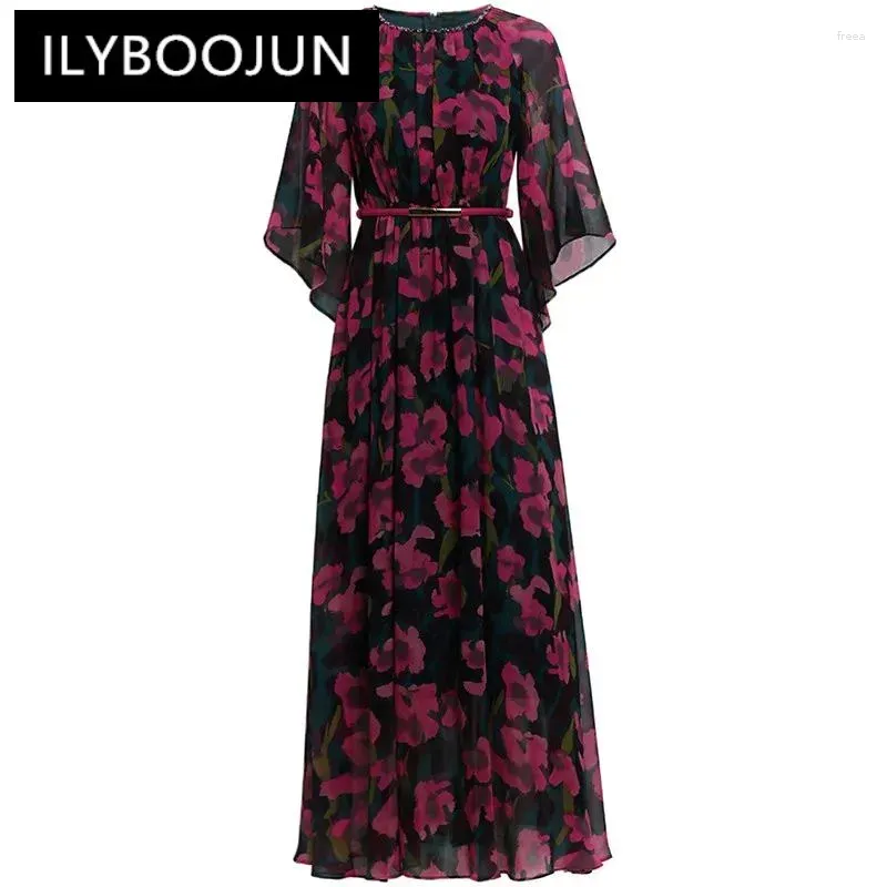 Casual Dresses Ilyboojun Fashion Women's Round Neck Flare ärm med hög midja snörning tryckt med pärlor elegant bohemisk lång bollklänning klänning