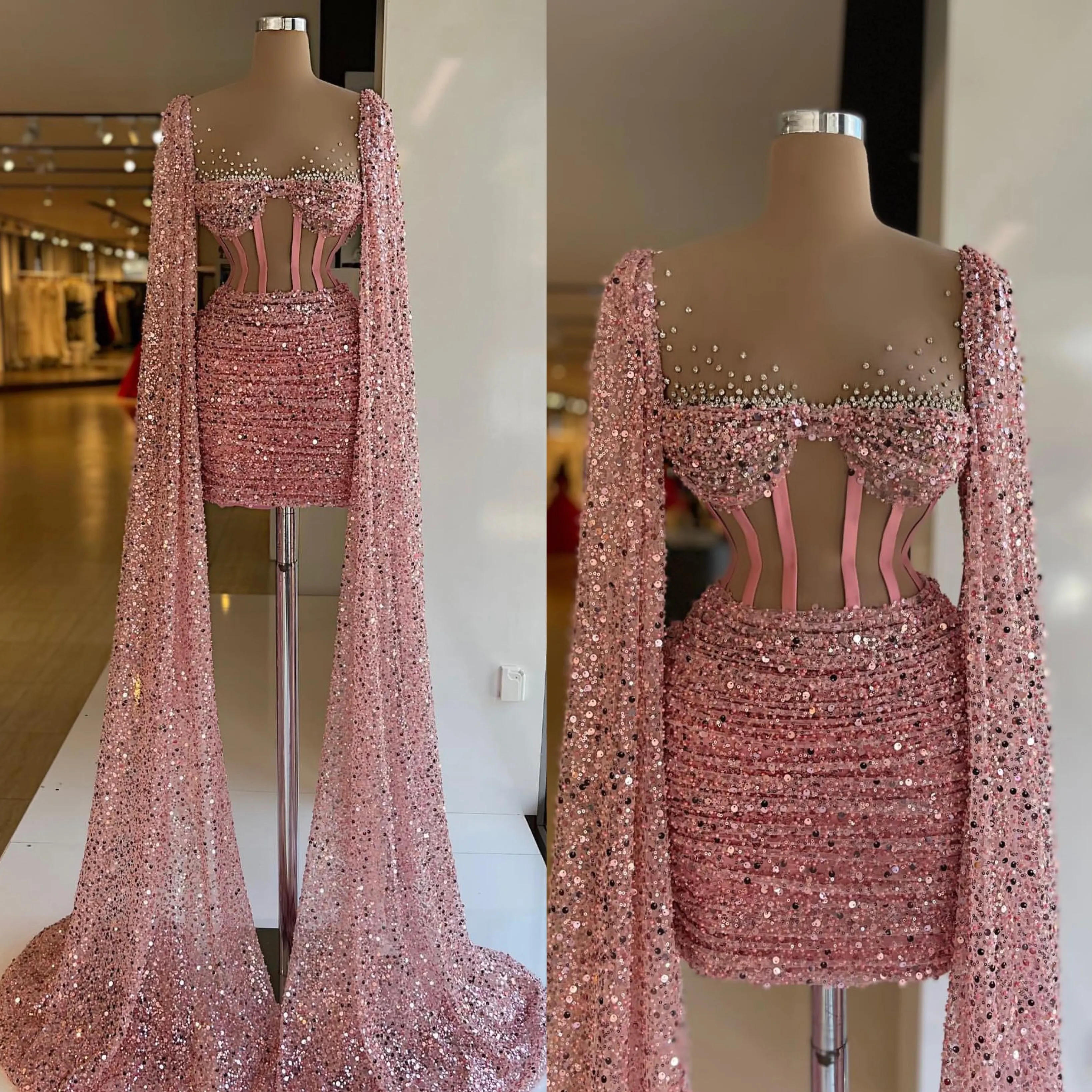 Fabulous Sequins Sheet Robes de soirée Élégants avec Cape Illusion Bodice Robe Prom Pleas Robes formelles perlées pour les femmes