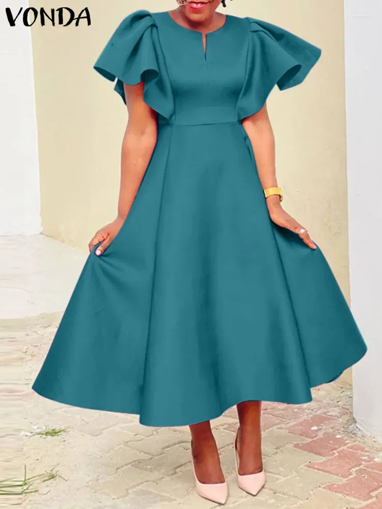 Party Dresses VONDA Summer Women Ruffled Satin Dress Short Sleeve Mid-Calf  Sundress Casual Solid Color V-Neck from Dhgate Urban Sexy Dresses - price  35.41