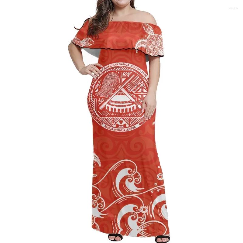 Festklänningar polynesisk stam temperament stropplös röd maxi klänning samoan damer rufsed off axel sundress sommar avslappnad