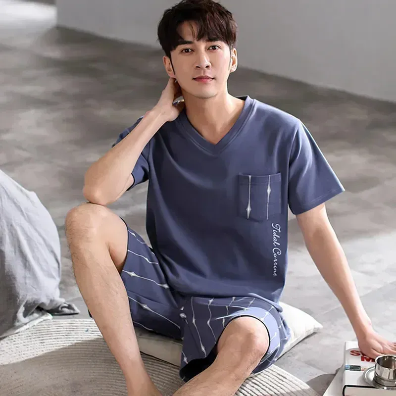 Mężczyznę Pant Taist Men Pajama Summer Mens Set Home Botton Sutwear Rękaw Pękamę Krótkie 2 Zużycie luźnego kawałka wypoczynek Elastic 240409