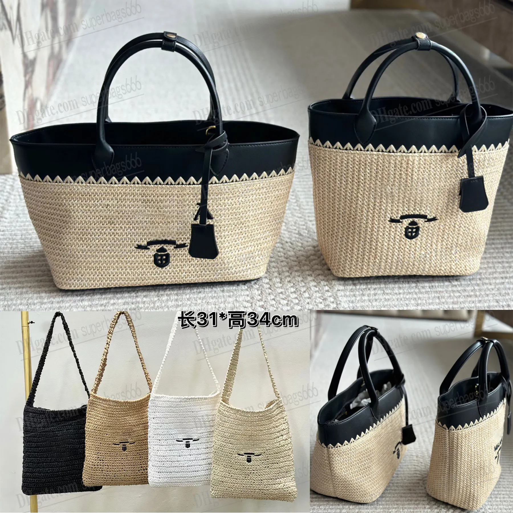 Luxe driehoek Handtas Medium geweven stof en lederen draagtas Designer Beach Tas Straw Weave Top Handgreep Strandtas Shopper Mens Fashion Crossbody Schoudertas