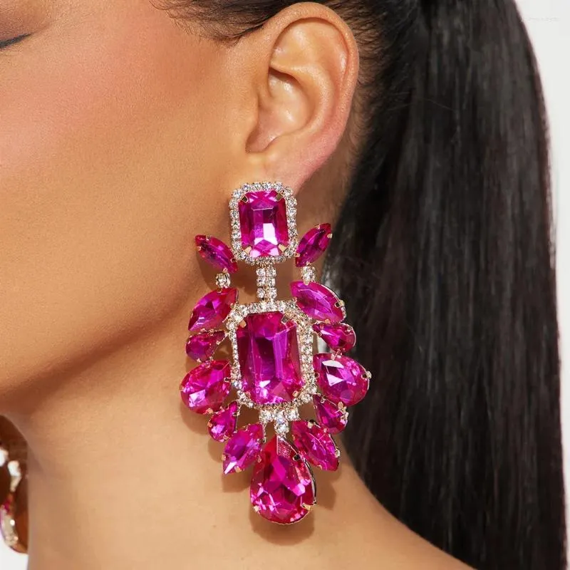 Dangle Earrings Stonefans Aesthetic Pink Crystal Large Water Drop For Women Exaggerate Bling Rhinestone Wedding Jewelry