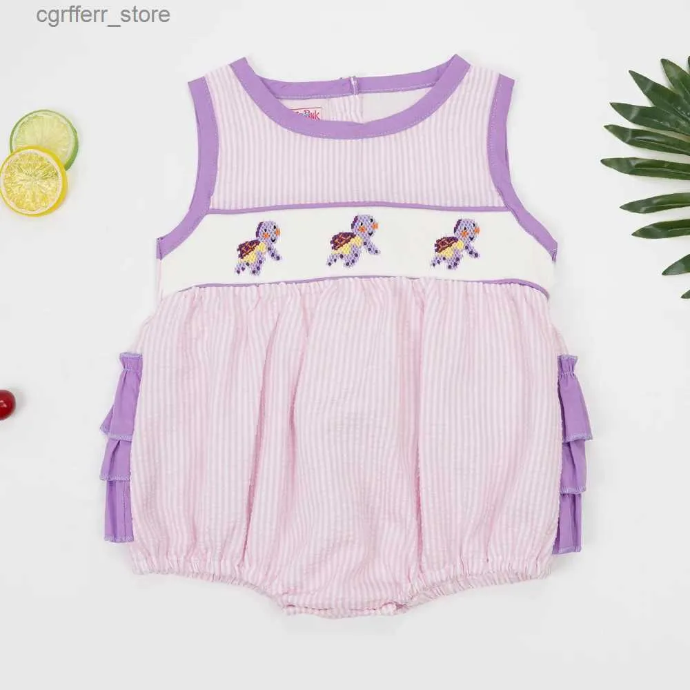 Rompers boutique spädbarn romper baby flicka kläder smock handgjorda sköldpaddor broderi spets bodysuit lila rand jumpsuit 0-3t för flickor l410