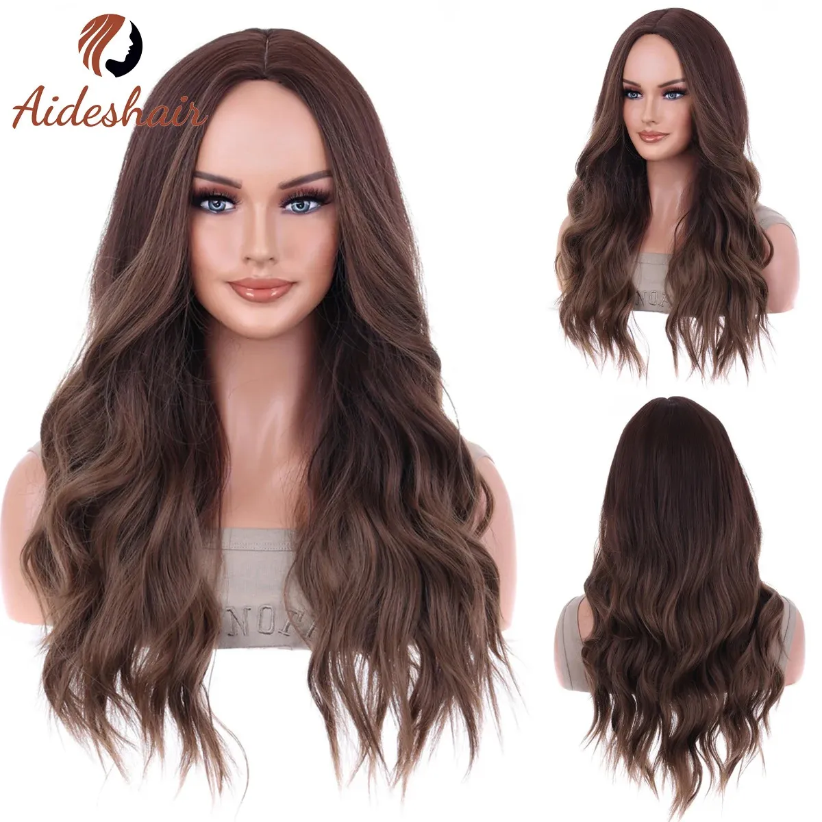 Aideshair Cosplay Use Heat Resistant Brown Mixed Blonde Synthetic Wigs with Bang Long Natural Wavy Hair Wig for Black Women Dail 240416