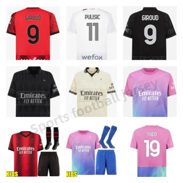 23 24 ac s Milans Quarta Pulisic Rafa Leao Soccer Maglie Ibrahimovic Giroud Brahim 2023 2024 MAGLIA MILANO UOMINI KITS KITS SCHIATTO COLLETTUA