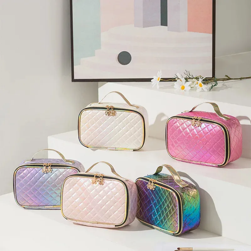 Laser PU DiamondShaped Plaid Cosmetic Case stor kapacitet Portable Cosmetics Storage Bag Travel Makeup toalettartiklar 240416