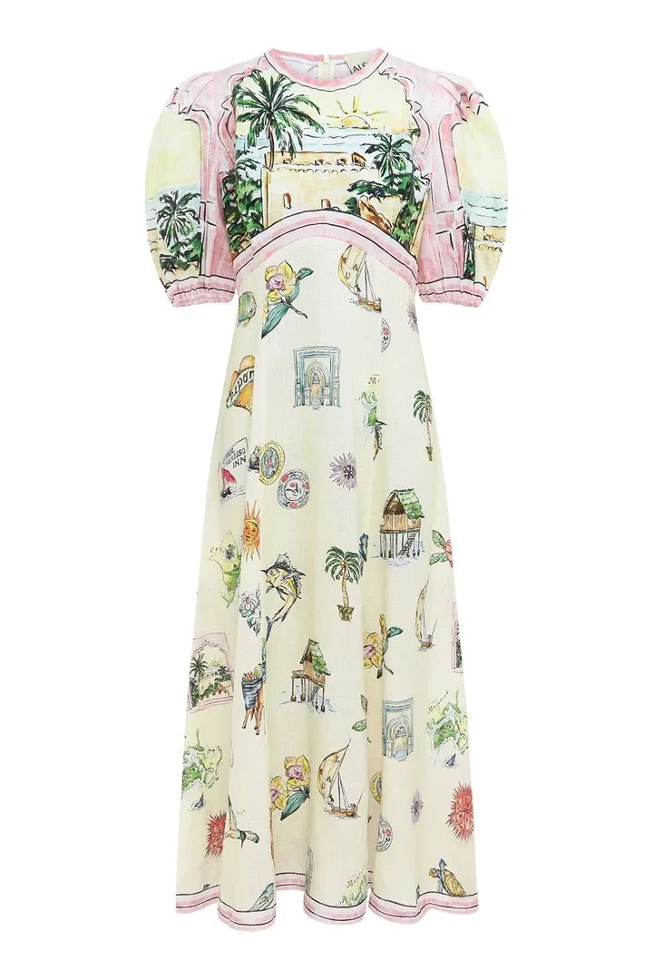 Trendy 2024 Summer New Designer Dress Linen Print Bubble Sleeves Holiday Style Mid length Dress