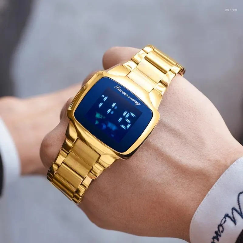 Wristwatches Square Stainless Steel Band Electronic Watch Personality Fashion Map Gold Blue Luxury Men's LED Wrist Birthday Gift