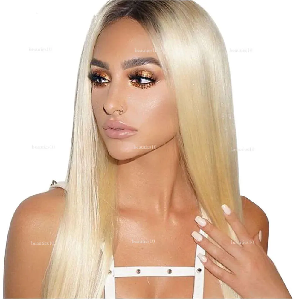 Hot Selling 180% densitet Glueless Long Silkesly Straight Baby Hair Synthetic Ombre Blonde Spets Front Wigs For Women Heat Resistant