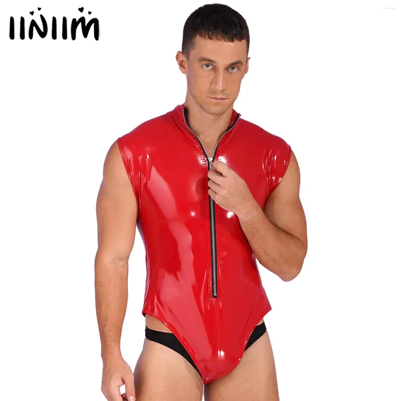 Women's Swimwear Patent Leather Bodysuit For Men Zipper Sleeveless Latex Body Tops Clubwear Glossy One Piece Stand Collar Leotard Catsuit