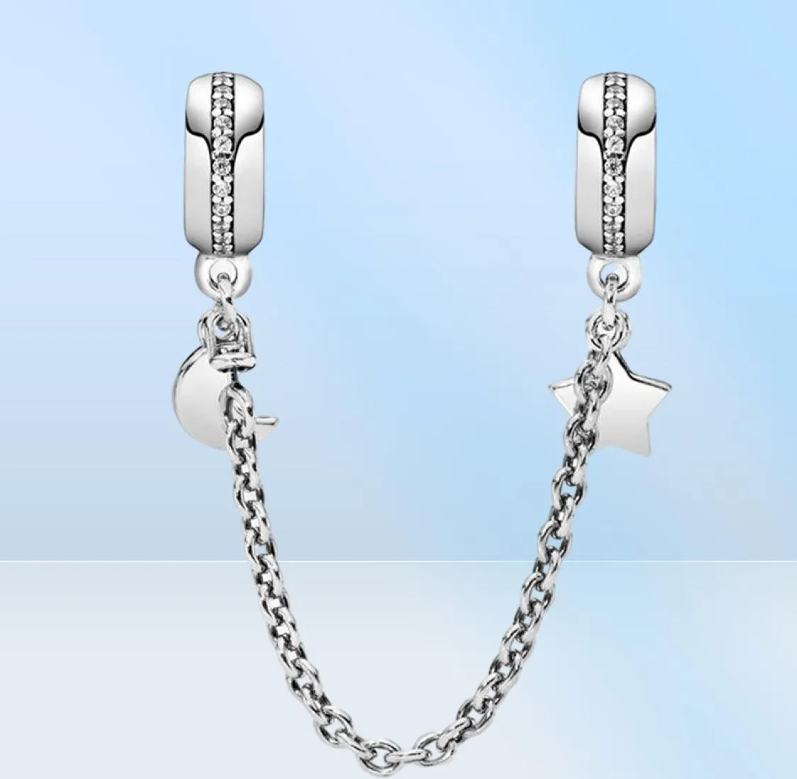 100% 925 Silver Silver Half Moon and Star Safety Chain Charms Fit Original European Charm Bracelet Fashion Women Engagement de mariage Bijoux Accessoires 1046434