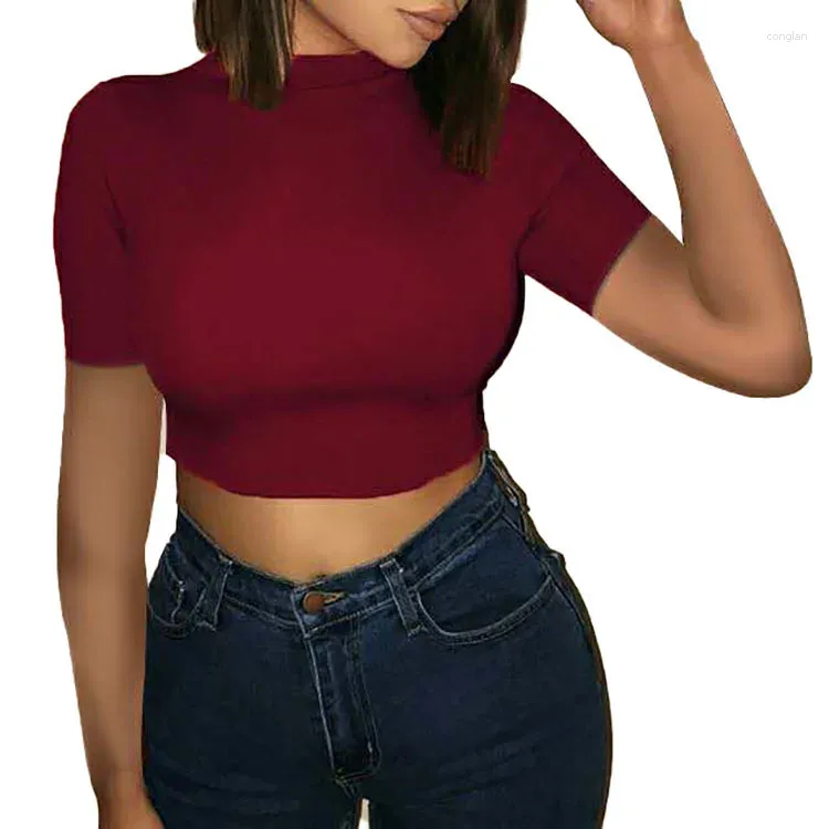 Women's T Shirts European And American Summer Amazon Round Neck Crop Top Slim Solid Color Short Sleeve T-shirt Women