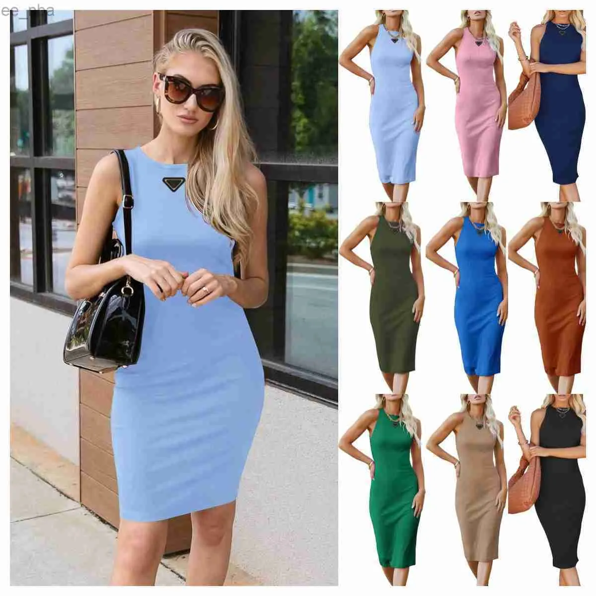 Original Womens Casual Dress Summer Fashion explosion Designer Triangle knitted cotton sleeveless sexy dress Stretch tight mini dress