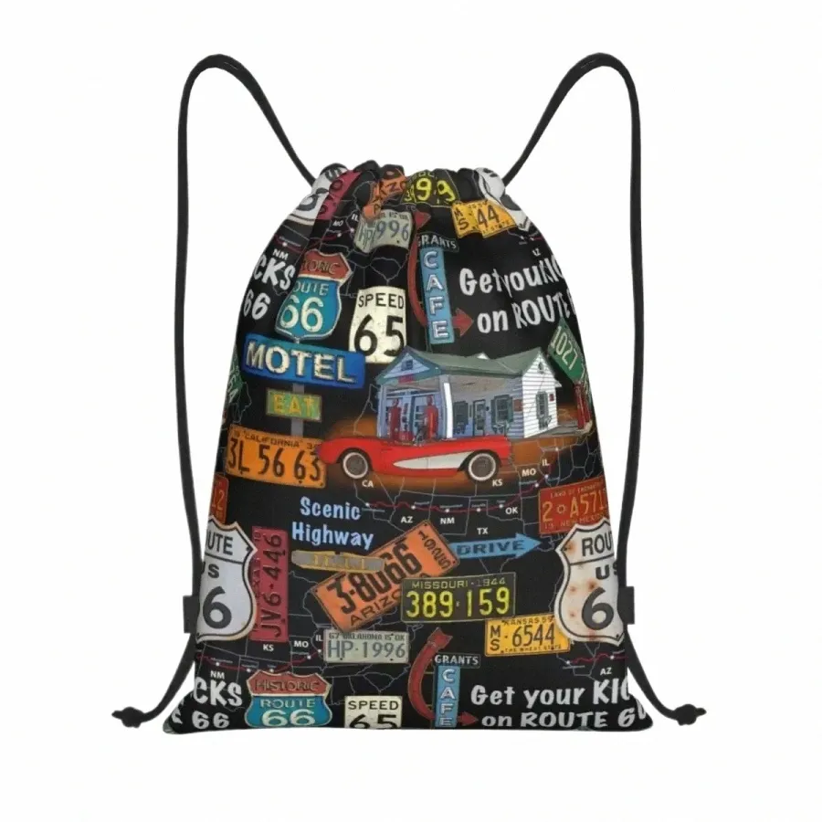 custom Vintage America Road Route 66 Drawstring Backpack Bags Women Men Lightweight Gym Sports Sackpack Sacks for Shop N0zH#