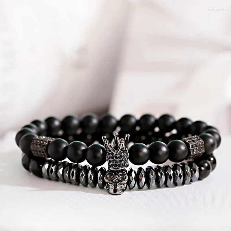 Strand 2024 CZ Crystal Crown Skeleton Beads Armband Black Hematite Frosted Stone Bnagles Armband Luxury Men smycken Set