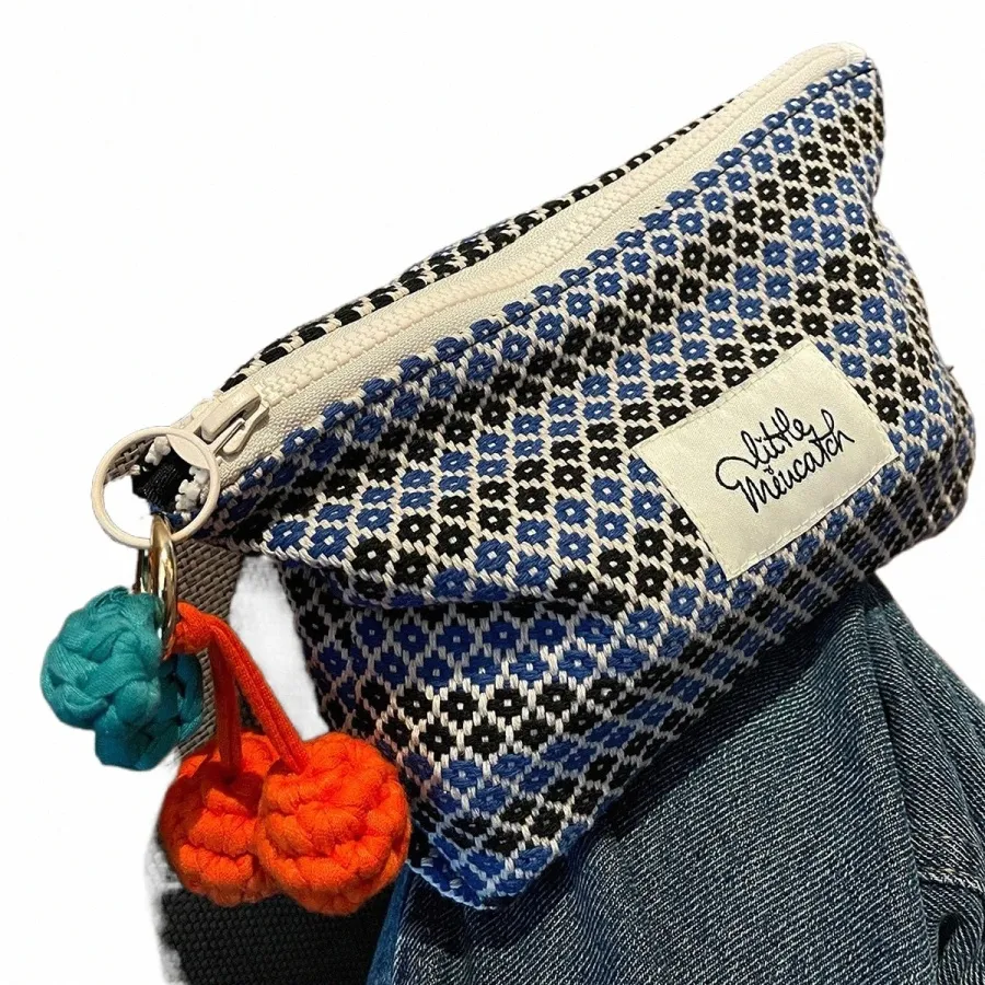 blue Cherry Hangings Cosmetic Bag Geometric Pattern Make Up Bag Letter Patch Decor Makeup Bag Large Capacity Handbag N5W4#
