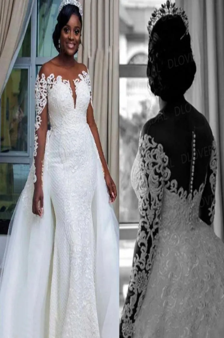 Ny design spets bröllopsklänning med långa ärmar illusion sjöjungfru löstagbar kjol brud bröllop klänning hög kvalitet vestido de noiv1814021