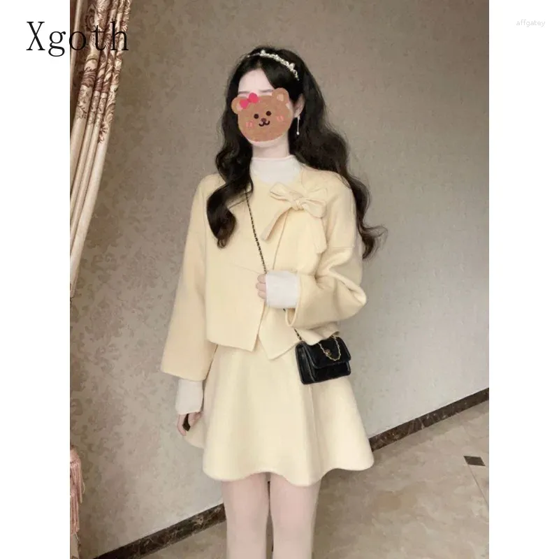 Work Dresses Ladies Sets Autumn Yellow O-Neck Lace-Up Bow Short Coat High Waist Pleated Skirt Woolen Elegant Sweet Two Piece Women's