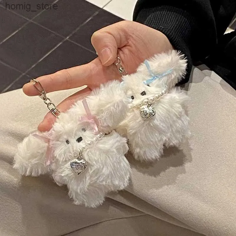 Plush Keychains Fashionable Rabbit Keyring Lovely Plush Animal Pearl Bowknot Keychain for Women Girl Versatile Bag Charm Birthday Gift Y240415