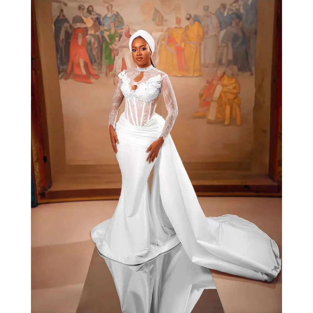 Ebi Aso Arabic Mermaid Wedding Dresses With Tail Lace Appliques Stain High Neck Long Sleeve African Bridal Gown For Women