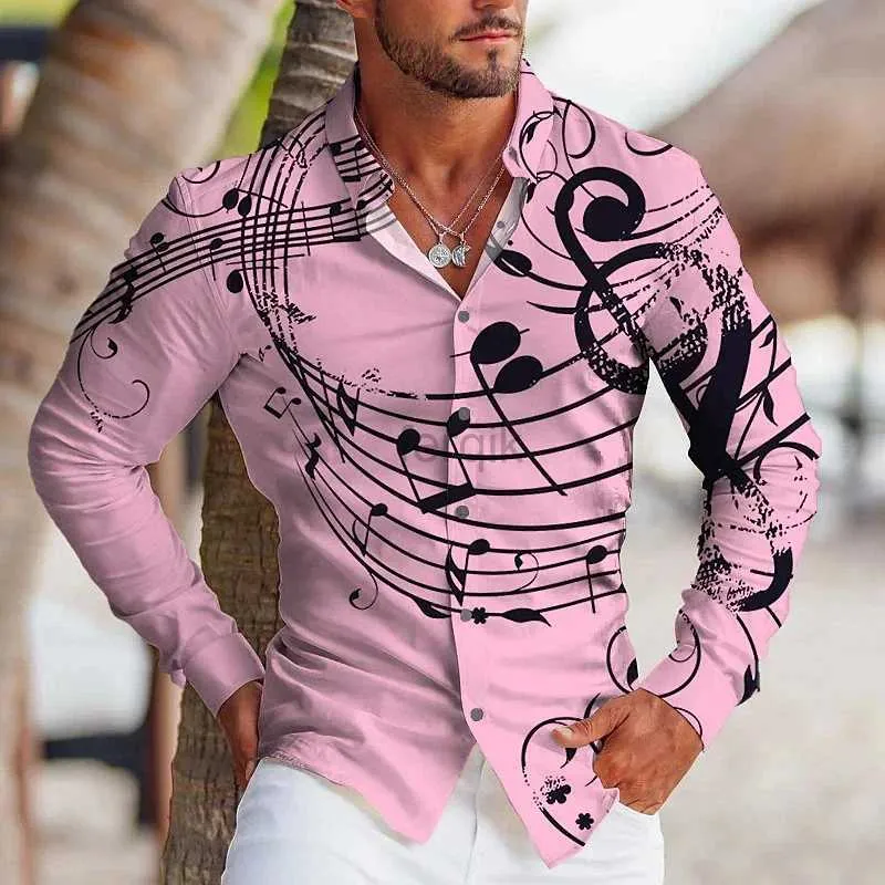 Męskie koszule 2024 NOWOŚĆ MENS Creative Music Modna luksus HD Graphic Collar Lapel Długie rękawie Designer Designer Note 24416