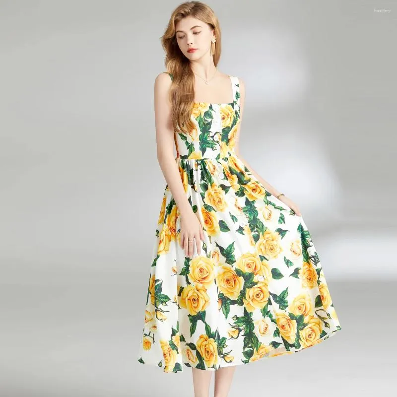 Casual jurken Franse vrouwen met een enkele borsten bloem print gele vakantie midi jurk 2024 zomer spaghetti riem sexy backless boho vestidos