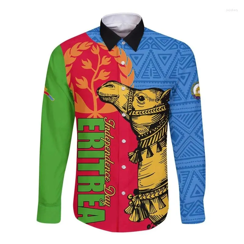 Camicie casual maschile africano country eritrea mappa bandiera manica lunga per uomo vestiti emblema nazionale dromedario camicia boysuli