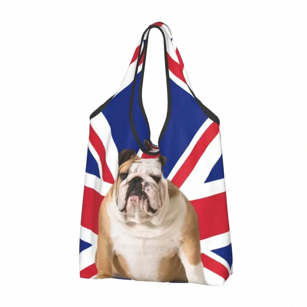 uni Jack English Bulldog livsmedelsbutik Tygväskor Söta brittiska flagga patriotiska hund shoppare axelhandväskor x7xd#