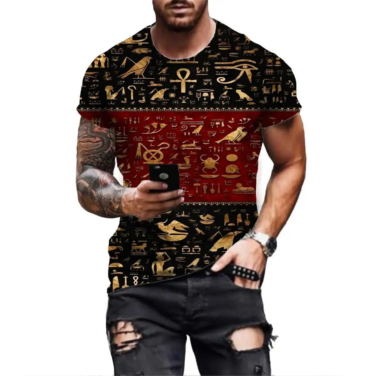 Camisas casuais masculinas 2022 Antigo egípcio Arte Hip Hop Camise