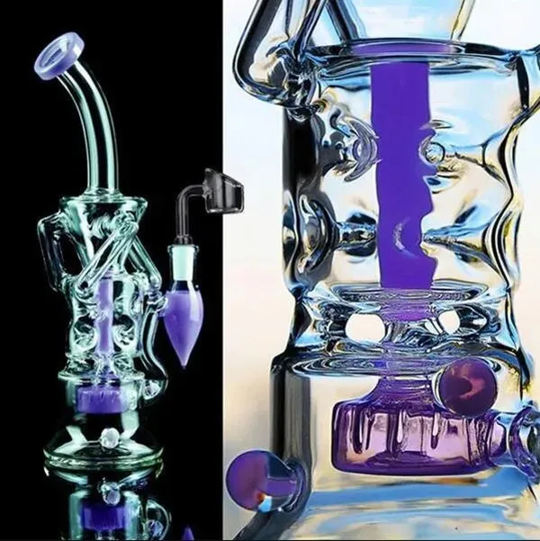 10.1inchs Mor Cam Su Bongs Recycler Yağ Donanları Hoookahs Shisha Duman Boru Dab aksesuarı 14mm Banger