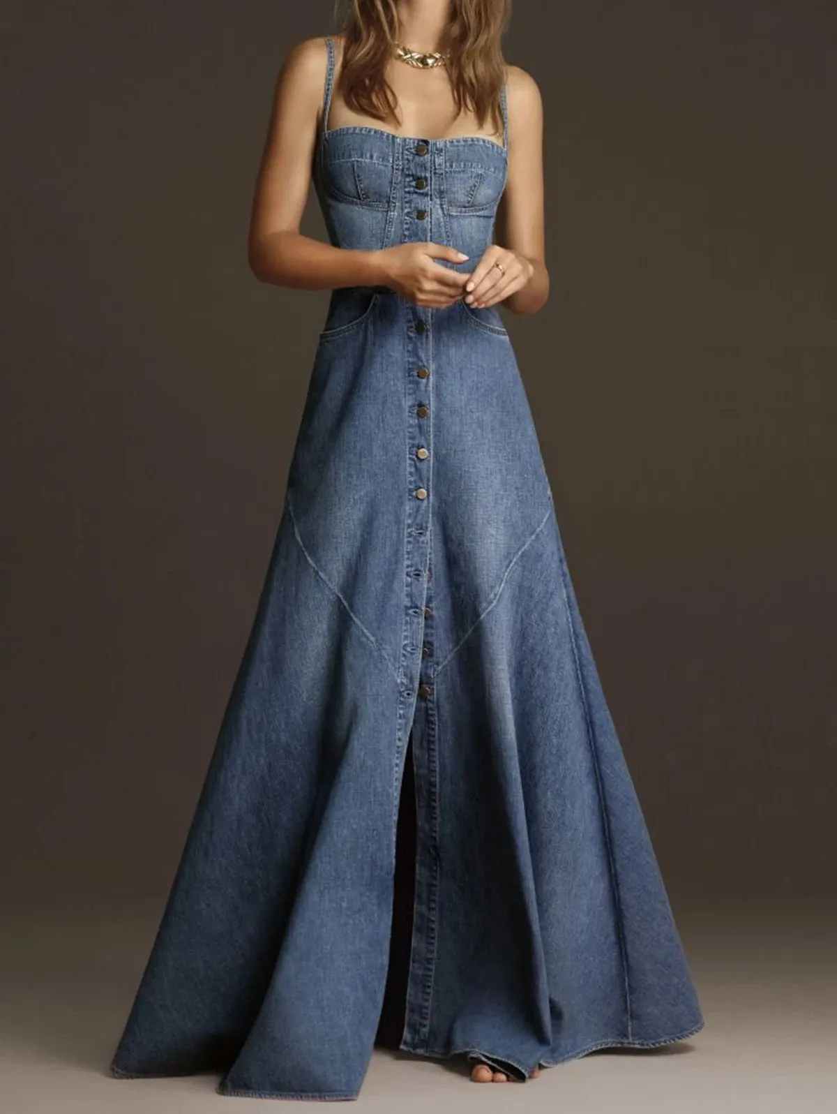 Fashion Women Denim Tank Dress Vintage Square Collar Waisted Sundress Summer Buttons Maxi Dress Holiday Solid Robes 240408