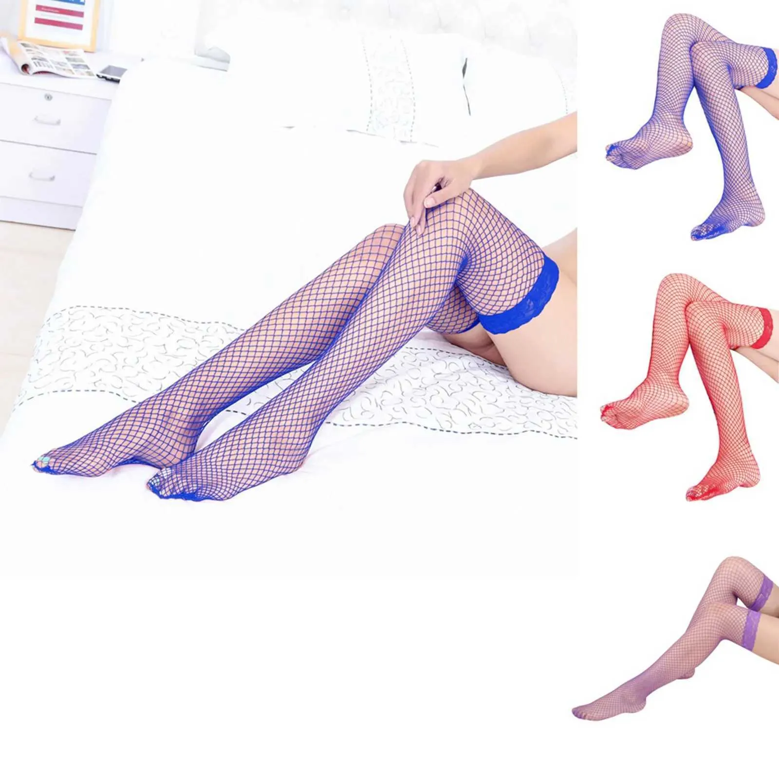 Sexy Socks Style Sexy Woman Crystal Glitter Up Ud High Stockings Rhinestone Fishnet nad Kolan Socks Night Clubs Rajstopy Blue Fit 240416