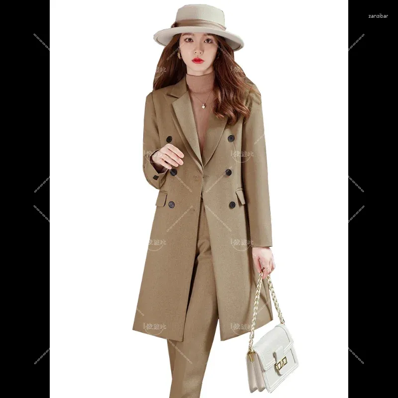 Women's Two Piece Pants Women Work Business Wear Pant Suit Khaki Black Beige Long Blazer 2 Pieces Set Female Office Ladies Formal Jacket And