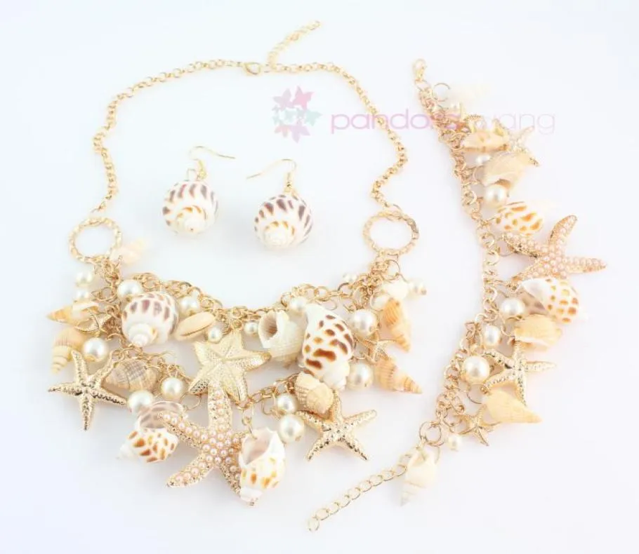 2015 New Design Fashion Golden Chain Multielement Pearl Beads Shell Conch ShatrfishネックレスSet16288505