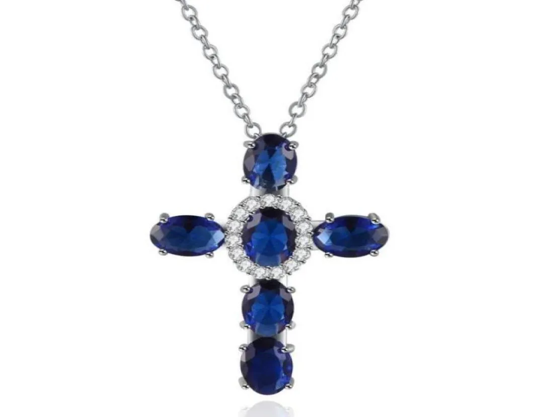 Hip Hop Vine Jewelry Cross Pendant 18K White Gold Fill Oval Cut Sapphire Cz Diamond Jesus Women Wedding Clavicle Necklace Gift7175979